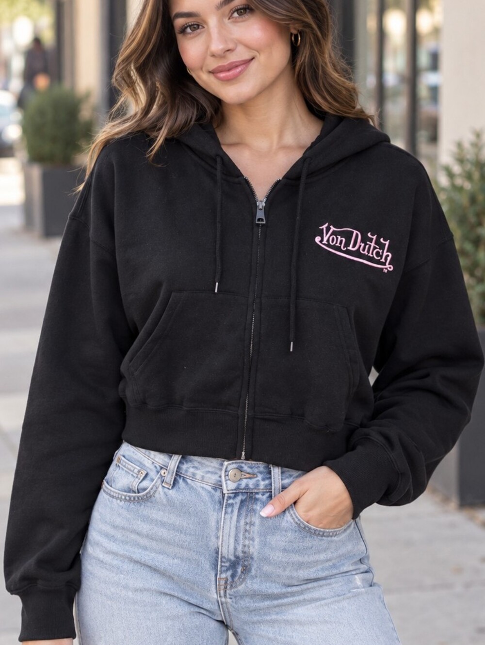 Von Dutch Women’s Black Cropped Zip-Up Hoodie Pink Logo Y2K Streetwear NWT